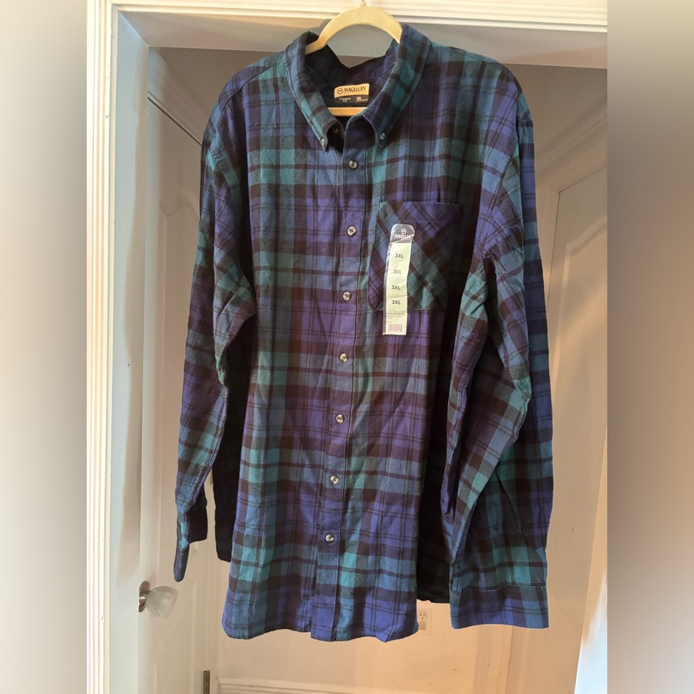 Magellan Outdoors Blue/Green Plaid Button-Down Shirt. Size 3XL. New without Tags
